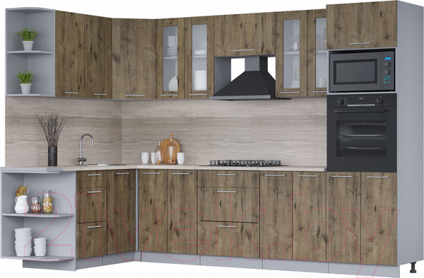 Изображение товара Кухонный гарнитур Интерлиния Мила 1.68x3.0 правая (дуб веллингтон/дуб веллингтон/травертин серый)