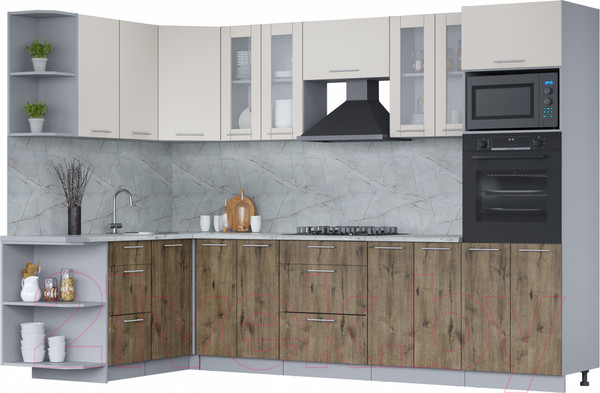 Изображение товара Кухонный гарнитур Интерлиния Мила 1.68x3.0 правая (персидский жемчуг/дуб веллингтон/серый каспий)