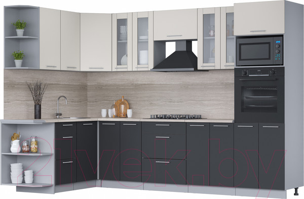 Изображение товара Кухонный гарнитур Интерлиния Мила 1.68x3.0 правая (персидский жемчуг/антрацит/травертин серый)