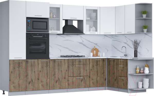 Изображение товара Кухонный гарнитур Интерлиния Мила 1.68x3.2 правая (белый платинум/дуб веллингтон/белый гранит)