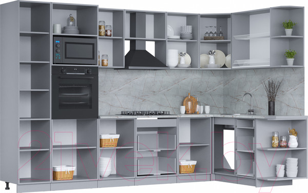 Изображение товара Кухонный гарнитур Интерлиния Мила 1.68x3.2 правая (белый платинум/дуб веллингтон/белый гранит)