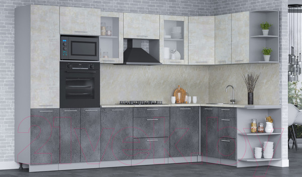 Изображение товара Кухонный гарнитур Интерлиния Мила 1.68x3.2 правая (бетон лайт/бетон портленд/опал светлый)