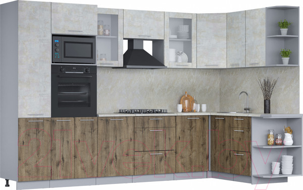 Изображение товара Кухонный гарнитур Интерлиния Мила 1.68x3.2 правая (бетон лайт/дуб веллингтон/опал светлый)