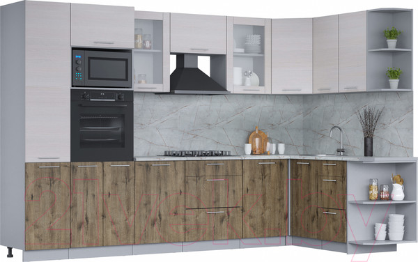 Изображение товара Кухонный гарнитур Интерлиния Мила 1.68x3.2 правая (вудлайн кремовый/дуб веллингтон/серый каспий)