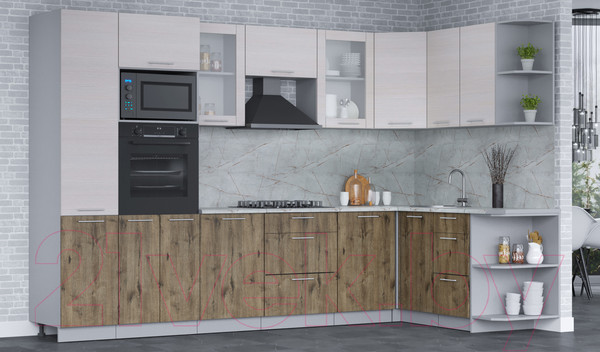 Изображение товара Кухонный гарнитур Интерлиния Мила 1.68x3.2 правая (вудлайн кремовый/дуб веллингтон/серый каспий)