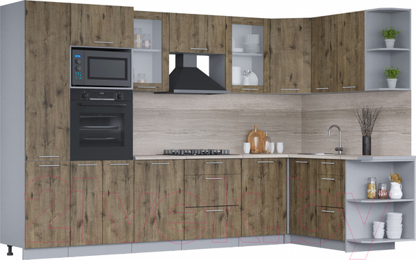 Изображение товара Кухонный гарнитур Интерлиния Мила 1.68x3.2 правая (дуб веллингтон/дуб веллингтон/травертин серый)