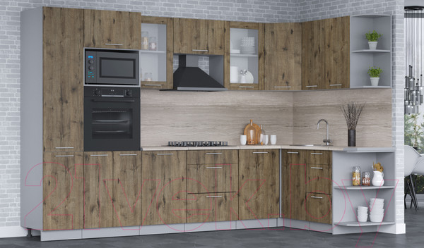 Изображение товара Кухонный гарнитур Интерлиния Мила 1.68x3.2 правая (дуб веллингтон/дуб веллингтон/травертин серый)