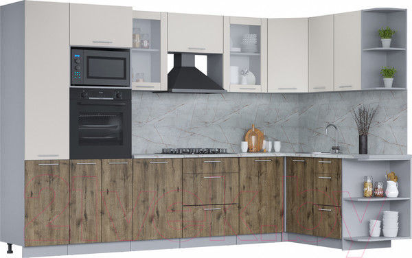 Изображение товара Кухонный гарнитур Интерлиния Мила 1.68x3.2 правая (персидский жемчуг/дуб веллингтон/серый каспий)