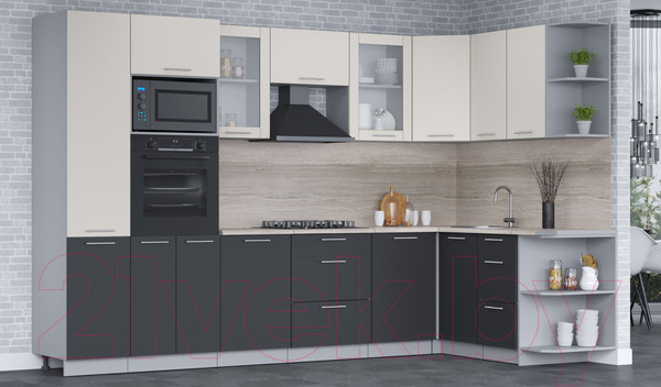 Изображение товара Кухонный гарнитур Интерлиния Мила 1.68x3.2 правая (персидский жемчуг/антрацит/травертин серый)