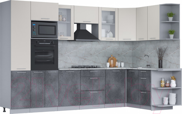 Изображение товара Кухонный гарнитур Интерлиния Мила 1.68x3.2 правая (персидский жемчуг/бетон портленд/серый каспий)