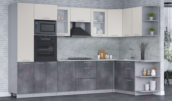 Изображение товара Кухонный гарнитур Интерлиния Мила 1.68x3.2 правая (персидский жемчуг/бетон портленд/серый каспий)