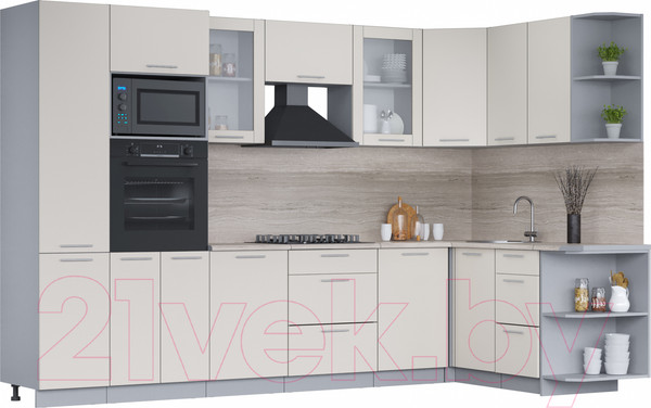 Изображение товара Кухонный гарнитур Интерлиния Мила 1.68x3.2 правая (персидский жемчуг/персидский жемчуг/травертин серый)