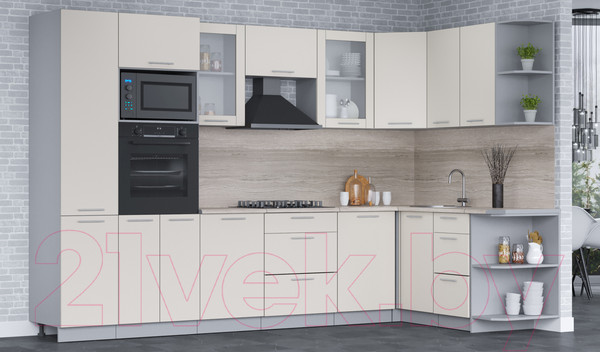 Изображение товара Кухонный гарнитур Интерлиния Мила 1.68x3.2 правая (персидский жемчуг/персидский жемчуг/травертин серый)