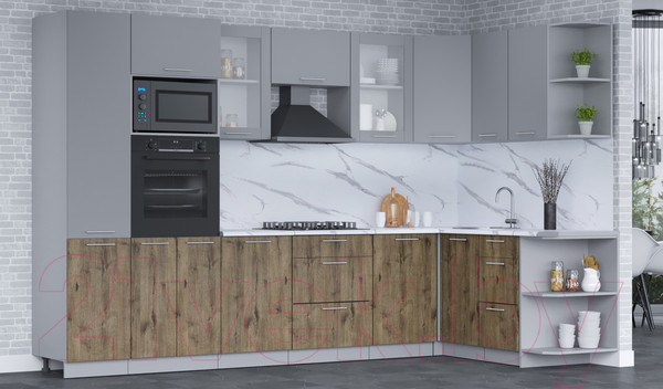 Изображение товара Кухонный гарнитур Интерлиния Мила 1.68x3.2 правая (серебро/дуб веллингтон/белый гранит)