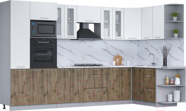 Изображение товара Кухонный гарнитур Интерлиния Мила 1.68x3.4 правая (белый платинум/дуб веллингтон/белый гранит)