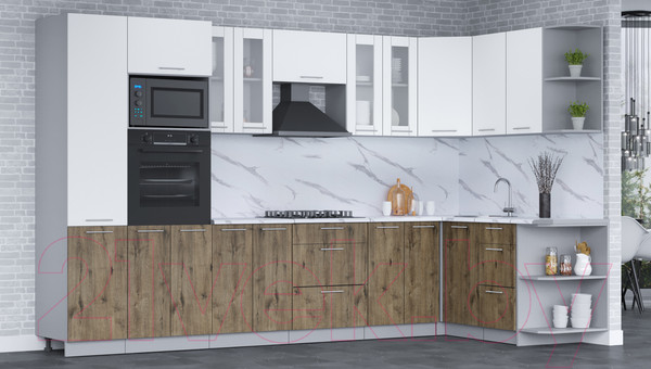 Изображение товара Кухонный гарнитур Интерлиния Мила 1.68x3.4 правая (белый платинум/дуб веллингтон/белый гранит)