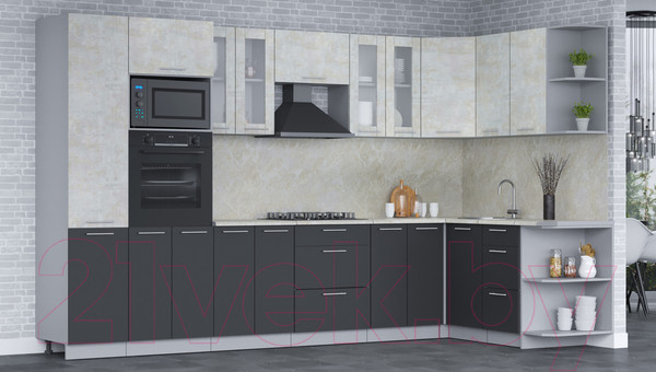 Изображение товара Кухонный гарнитур Интерлиния Мила 1.68x3.4 правая (бетон лайт/антрацит/опал светлый)