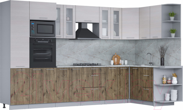 Изображение товара Кухонный гарнитур Интерлиния Мила 1.68x3.4 правая (вудлайн кремовый/дуб веллингтон/серый каспий)