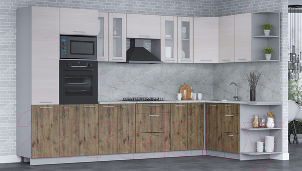 Изображение товара Кухонный гарнитур Интерлиния Мила 1.68x3.4 правая (вудлайн кремовый/дуб веллингтон/серый каспий)