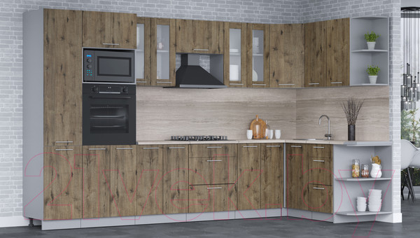 Изображение товара Кухонный гарнитур Интерлиния Мила 1.68x3.4 правая (дуб веллингтон/дуб веллингтон/травертин серый)