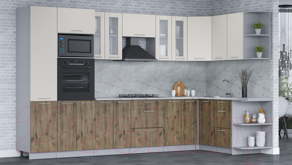 Изображение товара Кухонный гарнитур Интерлиния Мила 1.68x3.4 правая (персидский жемчуг/дуб веллингтон/серый каспий)