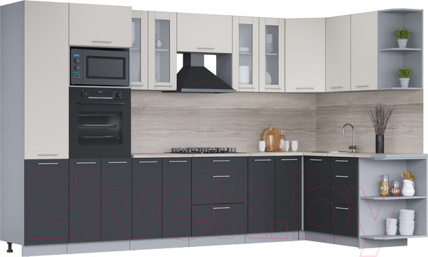 Изображение товара Кухонный гарнитур Интерлиния Мила 1.68x3.4 правая (персидский жемчуг/антрацит/травертин серый)