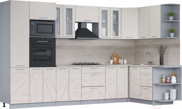 Изображение товара Кухонный гарнитур Интерлиния Мила 1.68x3.4 правая (персидский жемчуг/персидский жемчуг/травертин серый)