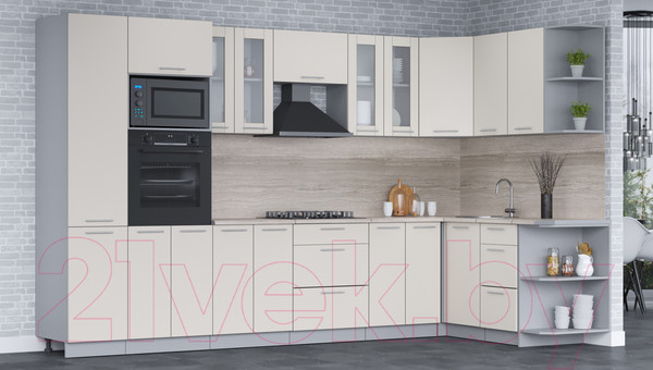 Изображение товара Кухонный гарнитур Интерлиния Мила 1.68x3.4 правая (персидский жемчуг/персидский жемчуг/травертин серый)