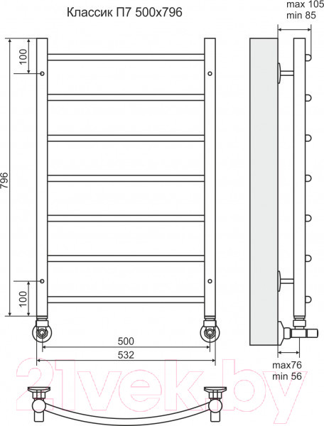 Изображение товара Полотенцесушитель водяной Terminus Классик П7 500x796 (RAL 9005, с наружной резьбой)