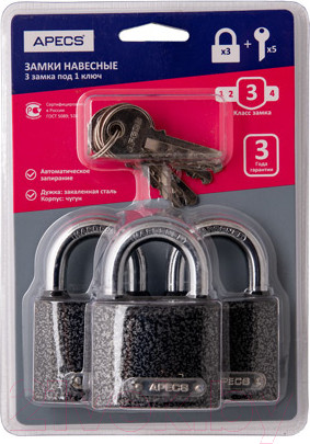 Изображение товара Набор замков навесных Apecs PD-01-50-Blister (3Locks+5Keys)