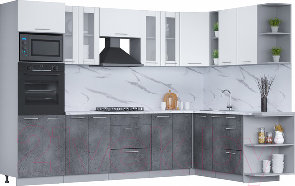 Изображение товара Кухонный гарнитур Интерлиния Мила 1.88x3.0 правая (белый платинум/бетон портленд/белый гранит)