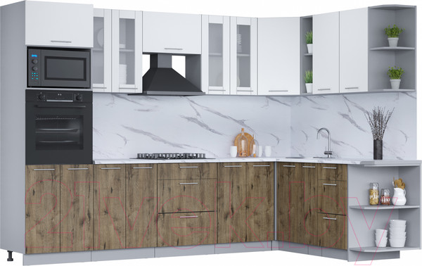 Изображение товара Кухонный гарнитур Интерлиния Мила 1.88x3.0 правая (белый платинум/дуб веллингтон/белый гранит)