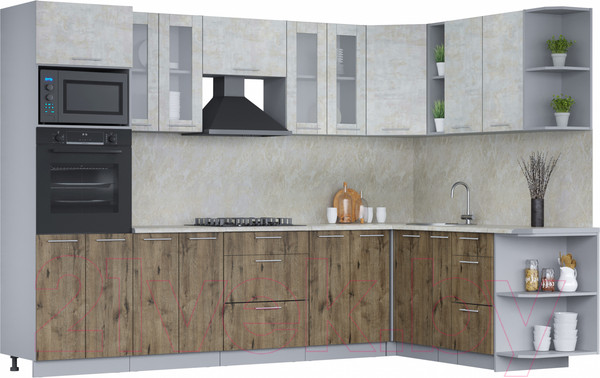 Изображение товара Кухонный гарнитур Интерлиния Мила 1.88x3.0 правая (бетон лайт/дуб веллингтон/опал светлый)