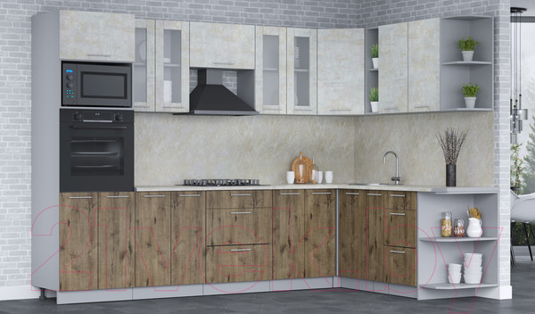 Изображение товара Кухонный гарнитур Интерлиния Мила 1.88x3.0 правая (бетон лайт/дуб веллингтон/опал светлый)