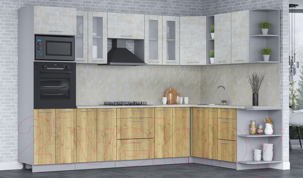 Изображение товара Кухонный гарнитур Интерлиния Мила 1.88x3.0 правая (бетон лайт/дуб золотой/опал светлый)