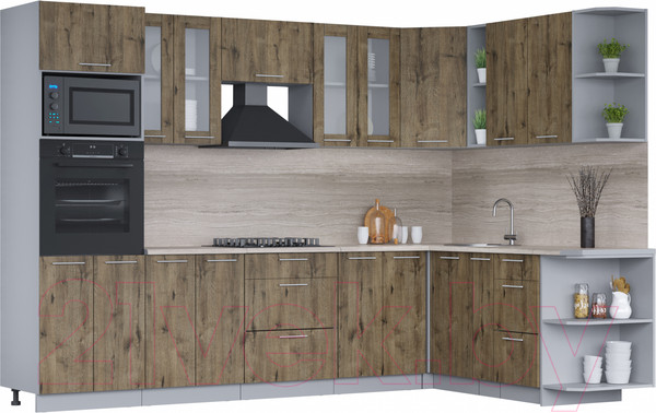 Изображение товара Кухонный гарнитур Интерлиния Мила 1.88x3.0 правая (дуб веллингтон/дуб веллингтон/травертин серый)