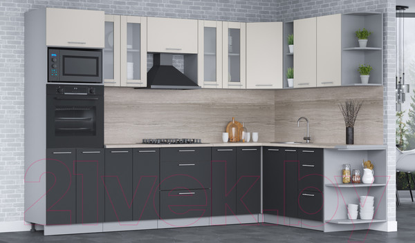 Изображение товара Кухонный гарнитур Интерлиния Мила 1.88x3.0 правая (персидский жемчуг/антрацит/травертин серый)