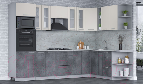 Изображение товара Кухонный гарнитур Интерлиния Мила 1.88x3.0 правая (персидский жемчуг/бетон портленд/серый каспий)