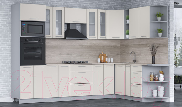 Изображение товара Кухонный гарнитур Интерлиния Мила 1.88x3.0 правая (персидский жемчуг/персидский жемчуг/травертин серый)