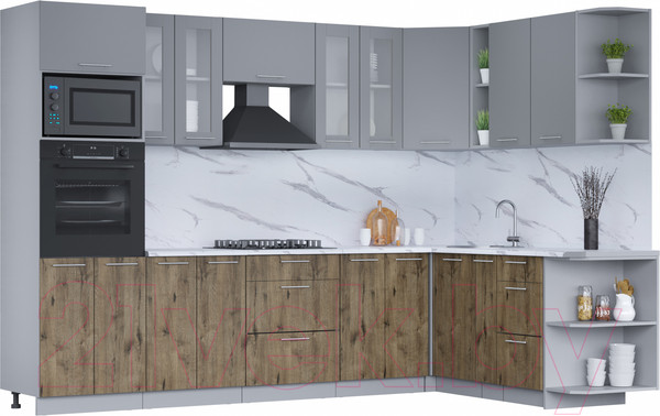 Изображение товара Кухонный гарнитур Интерлиния Мила 1.88x3.0 правая (серебро/дуб веллингтон/белый гранит)