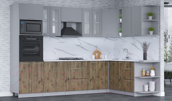 Изображение товара Кухонный гарнитур Интерлиния Мила 1.88x3.0 правая (серебро/дуб веллингтон/белый гранит)