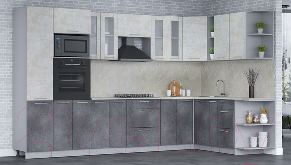 Изображение товара Кухонный гарнитур Интерлиния Мила 1.88x3.4 правая (бетон лайт/бетон портленд/опал светлый)