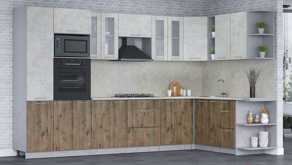 Изображение товара Кухонный гарнитур Интерлиния Мила 1.88x3.4 правая (бетон лайт/дуб веллингтон/опал светлый)