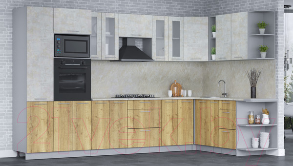 Изображение товара Кухонный гарнитур Интерлиния Мила 1.88x3.4 правая (бетон лайт/дуб золотой/опал светлый)