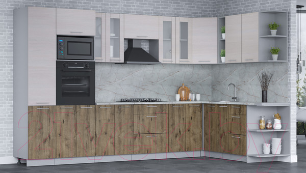 Изображение товара Кухонный гарнитур Интерлиния Мила 1.88x3.4 правая (вудлайн кремовый/дуб веллингтон/серый каспий)