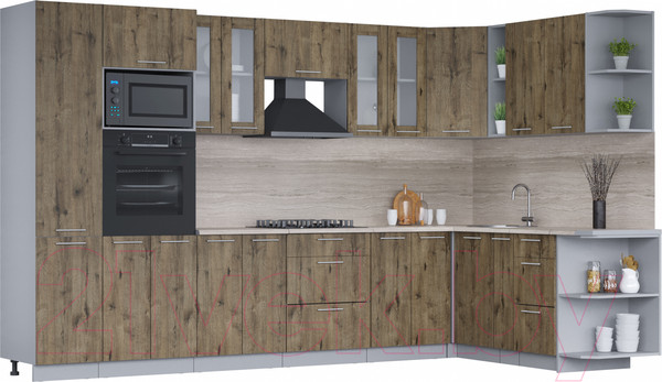 Изображение товара Кухонный гарнитур Интерлиния Мила 1.88x3.4 правая (дуб веллингтон/дуб веллингтон/травертин серый)