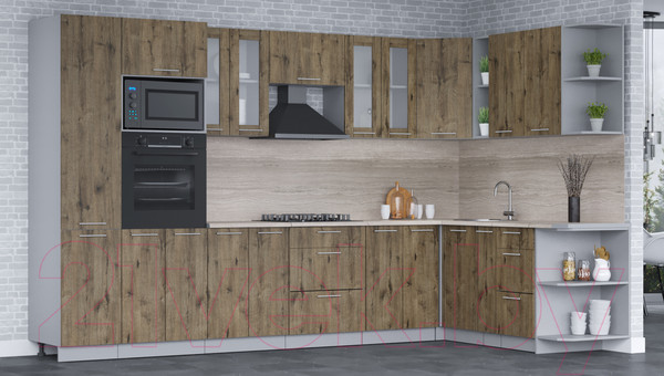 Изображение товара Кухонный гарнитур Интерлиния Мила 1.88x3.4 правая (дуб веллингтон/дуб веллингтон/травертин серый)