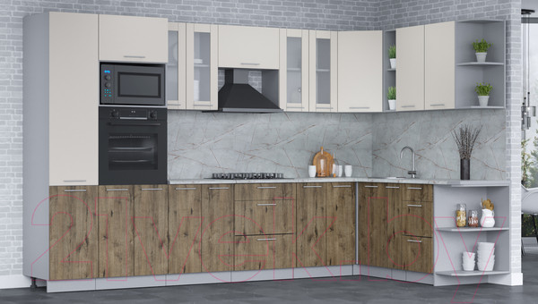 Изображение товара Кухонный гарнитур Интерлиния Мила 1.88x3.4 правая (персидский жемчуг/дуб веллингтон/серый каспий)