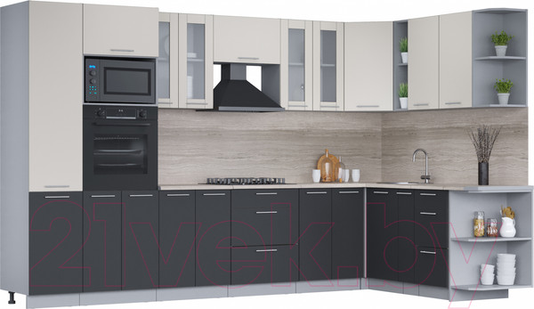 Изображение товара Кухонный гарнитур Интерлиния Мила 1.88x3.4 правая (персидский жемчуг/антрацит/травертин серый)