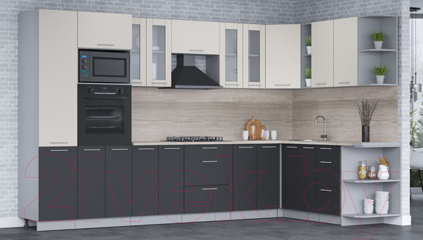 Изображение товара Кухонный гарнитур Интерлиния Мила 1.88x3.4 правая (персидский жемчуг/антрацит/травертин серый)